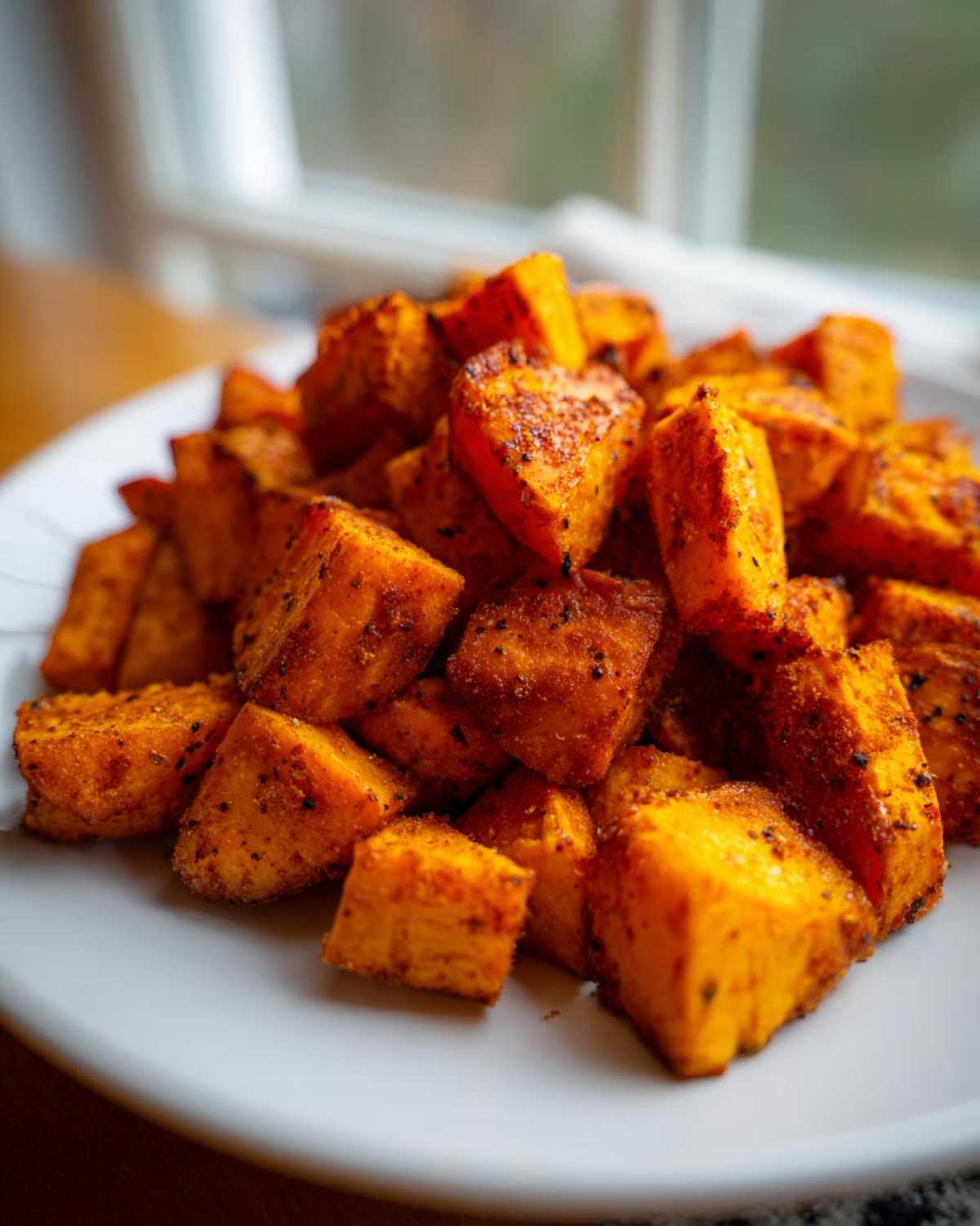 A close-up of a pile of perfectly seasoned Air Fryer Sweet Potato Cubes on a white plate.