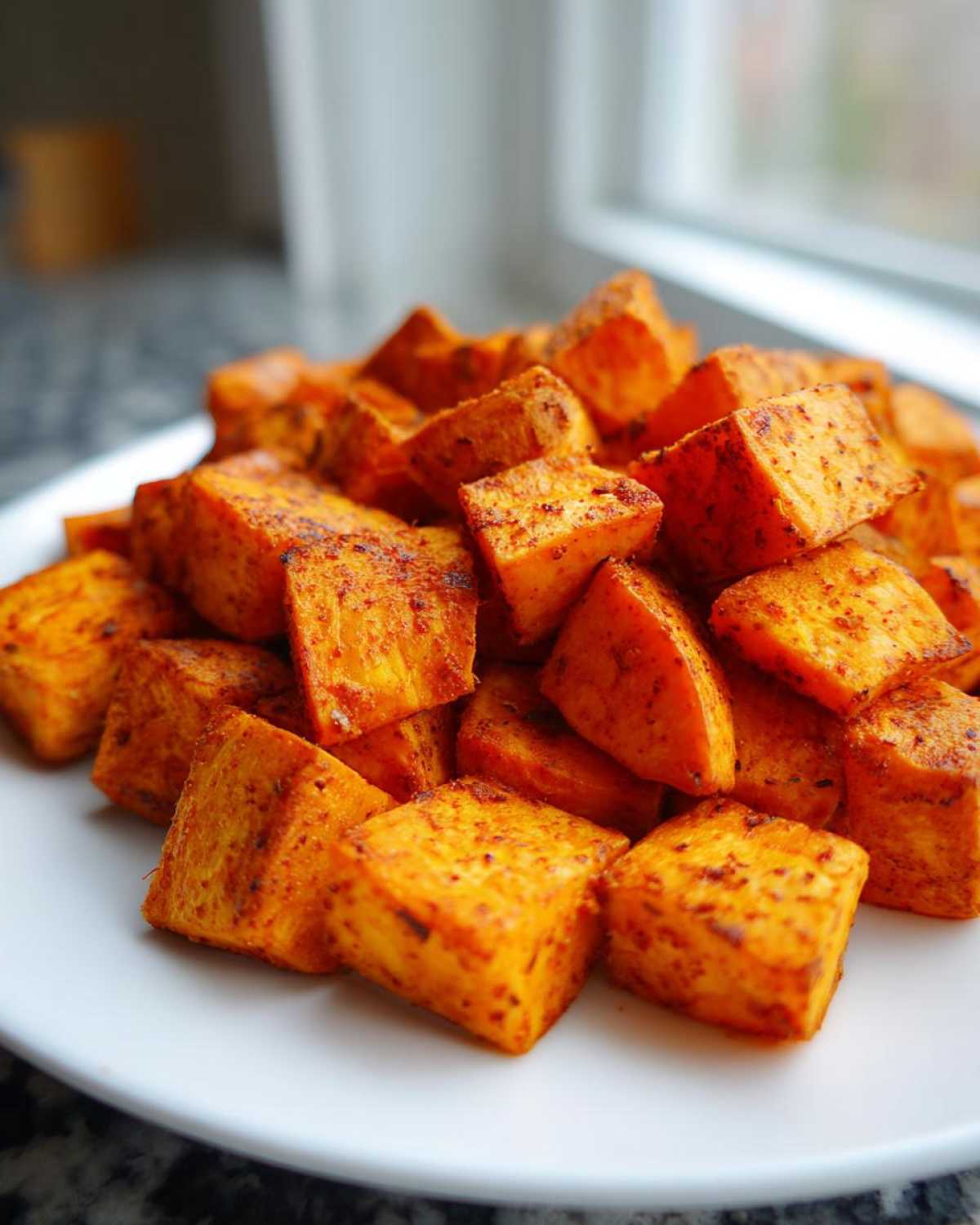 Close-up of a pile of bright orange, seasoned Air Fryer Sweet Potato Cubes on a white plate.