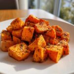 A close-up of seasoned Air Fryer Sweet Potato Cubes piled on a white plate, highlighted by natural light.