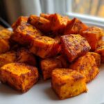A close-up of crispy, seasoned Air Fryer Sweet Potato Cubes piled on a white plate.
