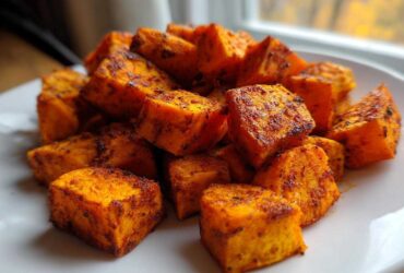 A close-up of crispy, seasoned Air Fryer Sweet Potato Cubes piled on a white plate.