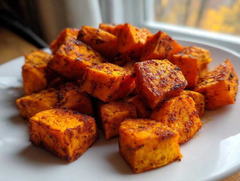 A close-up of crispy, seasoned Air Fryer Sweet Potato Cubes piled on a white plate.