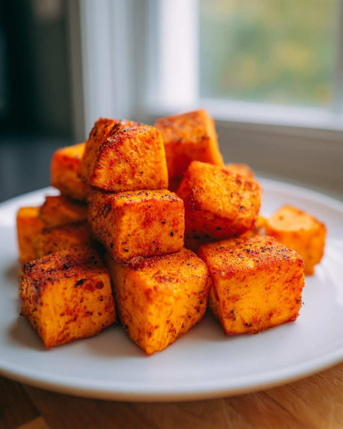 A stack of golden, perfectly cooked Air Fryer Sweet Potato Cubes seasoned with spices on a white plate.