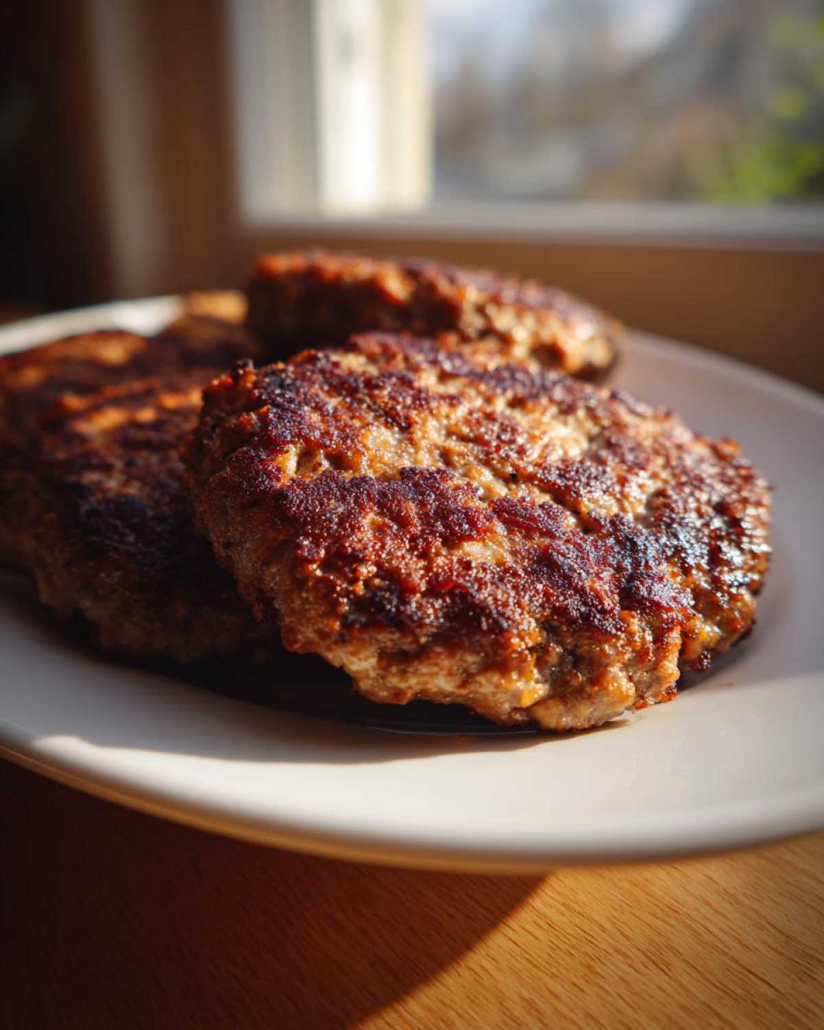 Close-up of several juicy Air Fryer Turkey Burgers with a deep brown, seared crust resting on a white plate.