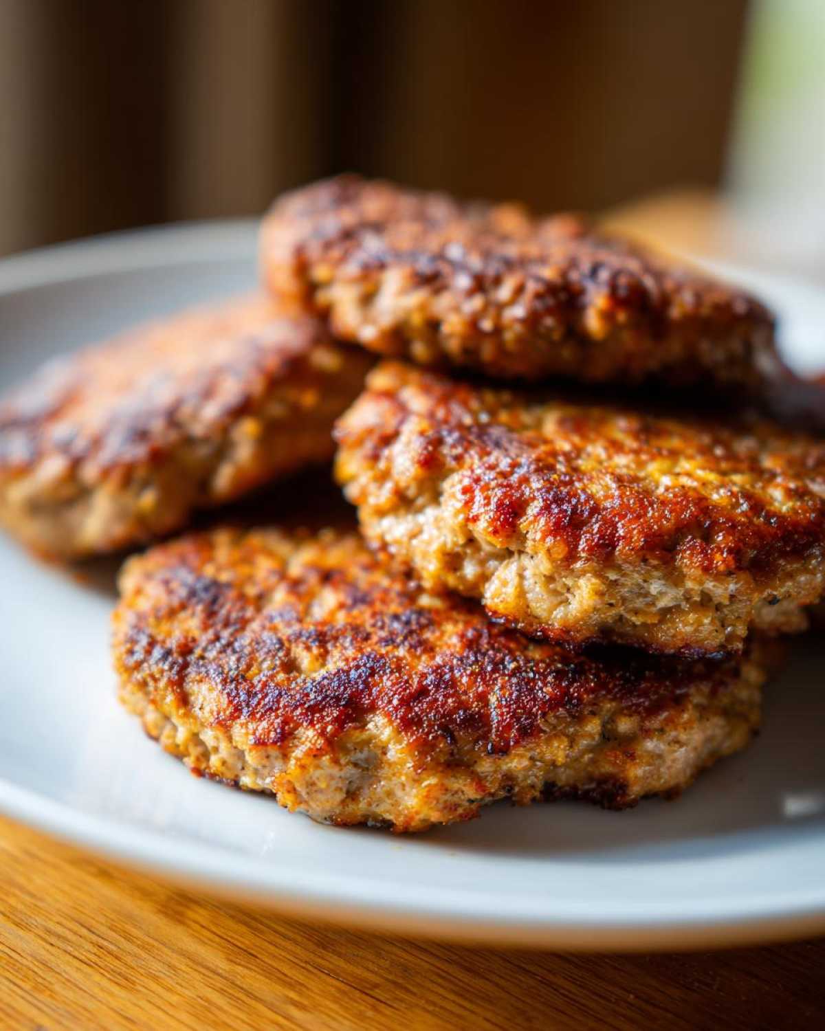 Close-up of several juicy Air Fryer Turkey Burgers stacked on a white plate with a golden-brown sear.