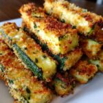 A close-up pile of golden brown Air Fryer Zucchini Fries with Parmesan resting on a white plate.
