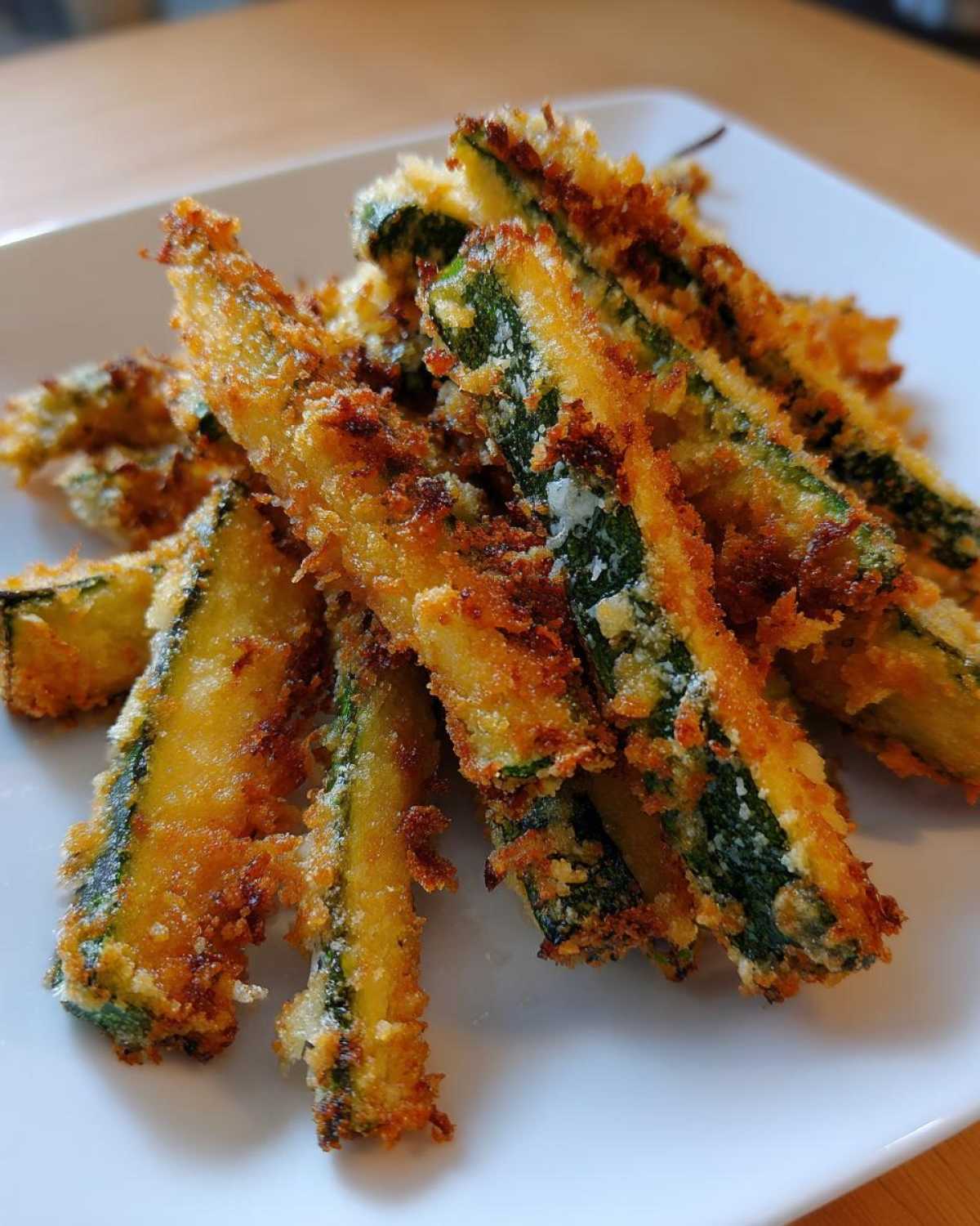 Close-up of golden brown, crispy Air Fryer Zucchini Fries with Parmesan served on a white plate.