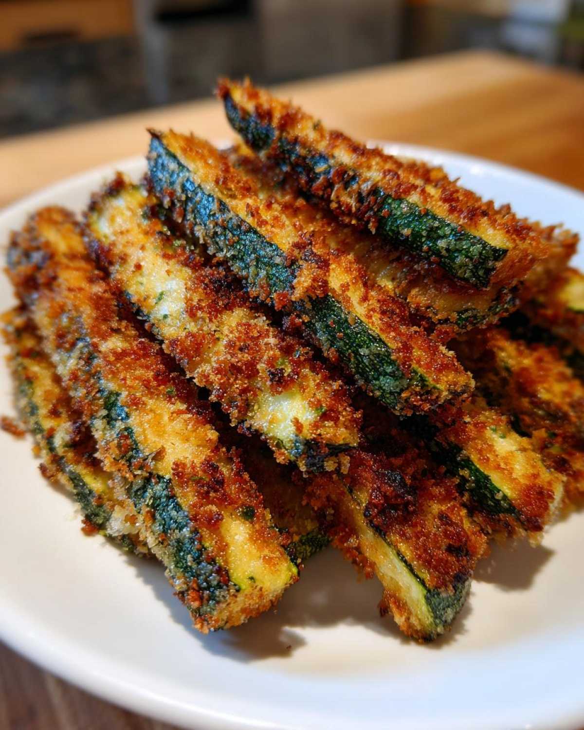 Close-up of golden brown, crispy Air Fryer Zucchini Fries with Parmesan stacked on a white plate.