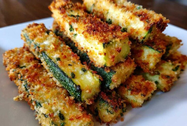 A close-up pile of golden brown Air Fryer Zucchini Fries with Parmesan resting on a white plate.