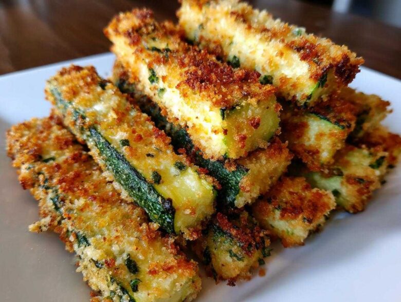 A close-up pile of golden brown Air Fryer Zucchini Fries with Parmesan resting on a white plate.