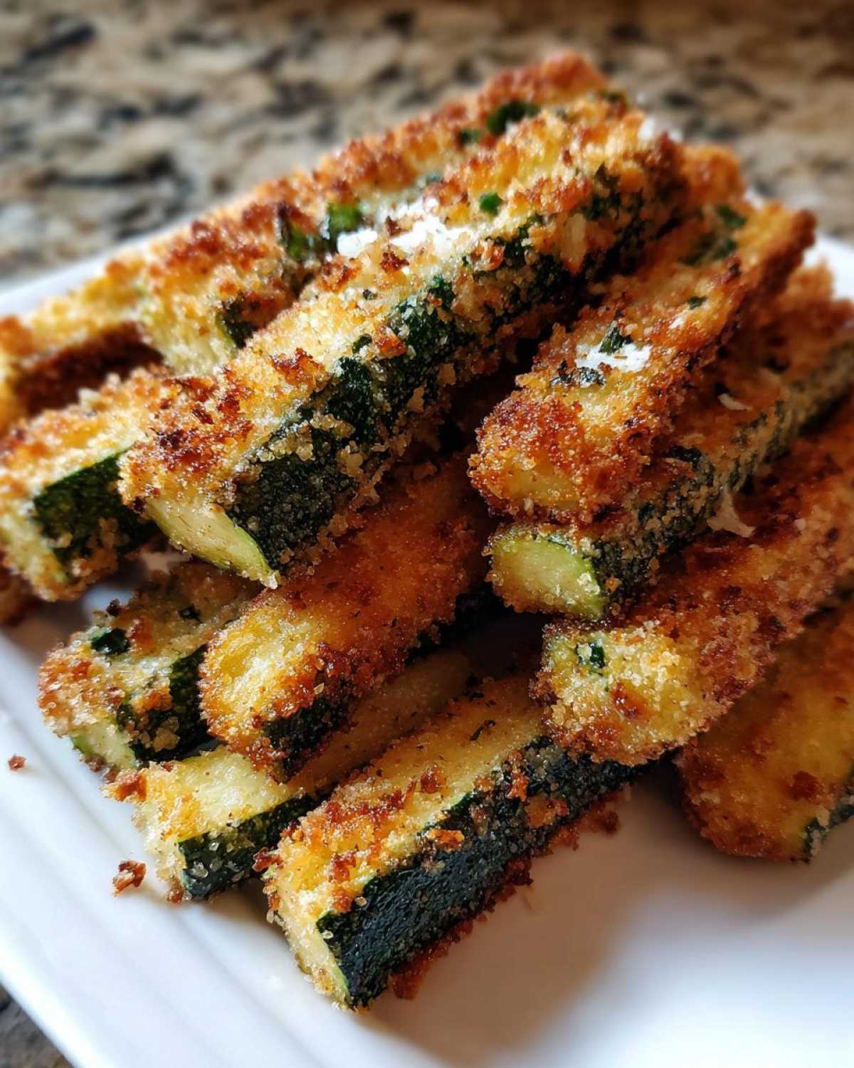 A close-up of crispy, golden Air Fryer Zucchini Fries with Parmesan stacked on a white plate.