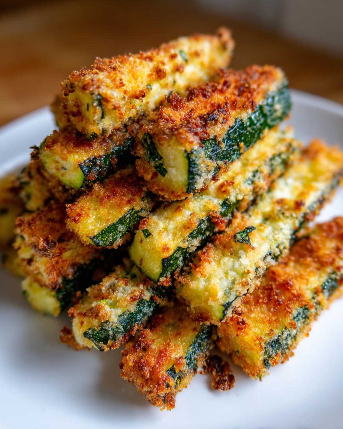 A stack of golden brown, crispy Air Fryer Zucchini Fries with Parmesan piled high on a white plate.