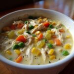 Close-up of a white bowl filled with creamy Chicken Pot Pie Soup featuring shredded chicken, peas, carrots, and corn.