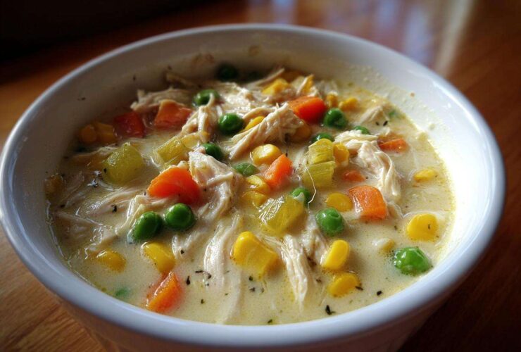 Close-up of a white bowl filled with creamy Chicken Pot Pie Soup featuring shredded chicken, peas, carrots, and corn.