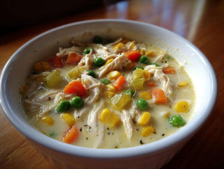 Close-up of a white bowl filled with creamy Chicken Pot Pie Soup featuring shredded chicken, peas, carrots, and corn.