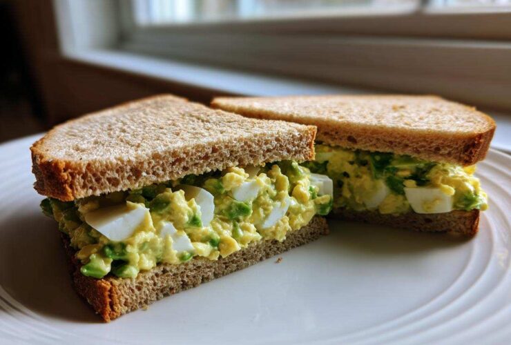 Two halves of an Avocado Egg Salad Sandwich made with whole wheat bread, showing creamy filling and chunks of egg white.
