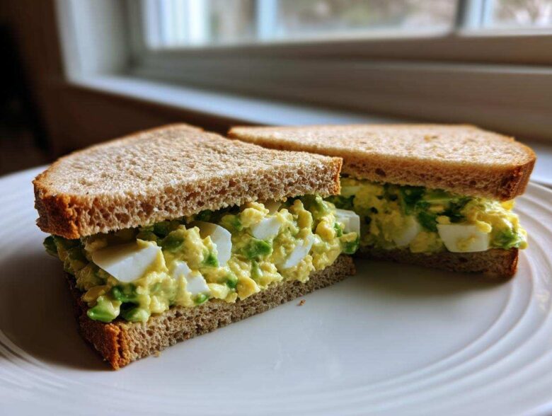 Two halves of an Avocado Egg Salad Sandwich made with whole wheat bread, showing creamy filling and chunks of egg white.