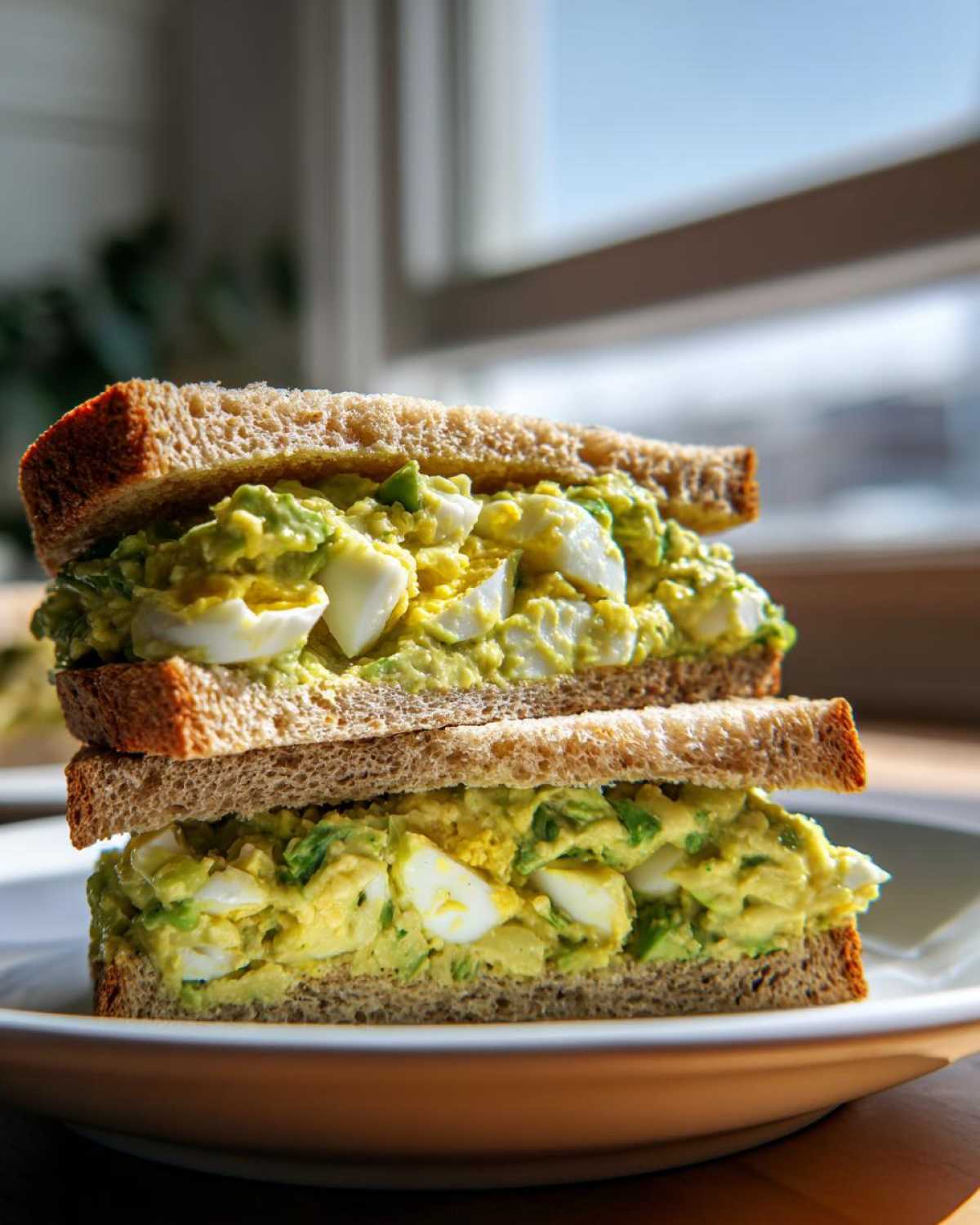 A tall, stacked Avocado Egg Salad Sandwich made with whole wheat bread, showing creamy green filling and chunks of hard-boiled egg.