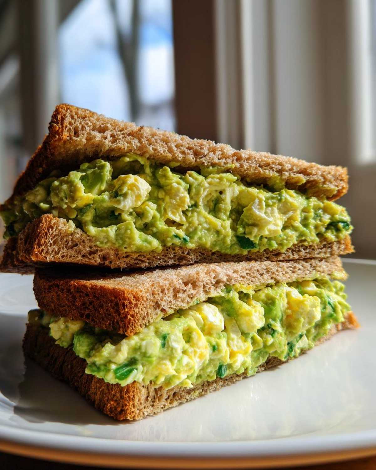 Two halves of an Avocado Egg Salad Sandwich stacked on a white plate, showing creamy green filling between whole wheat bread slices.