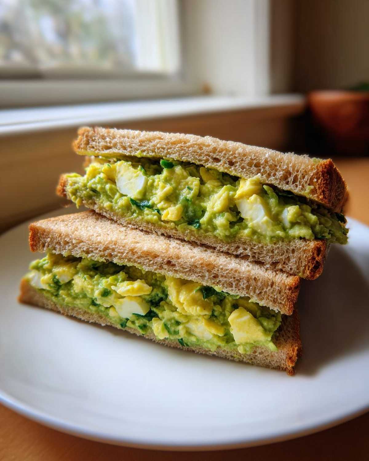 Two halves of an Avocado Egg Salad Sandwich stacked on a white plate, showing creamy green filling.