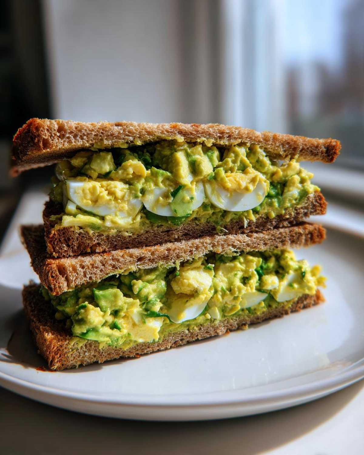 Two halves of a stacked Avocado Egg Salad Sandwich made with whole wheat bread and creamy green filling.