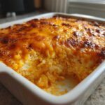 Close-up of a white baking dish filled with hot Baked Buffalo Chicken Dip, showing a bubbly, golden-brown cheese crust.