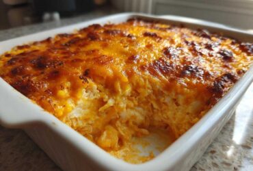 Close-up of a white baking dish filled with hot Baked Buffalo Chicken Dip, showing a bubbly, golden-brown cheese crust.