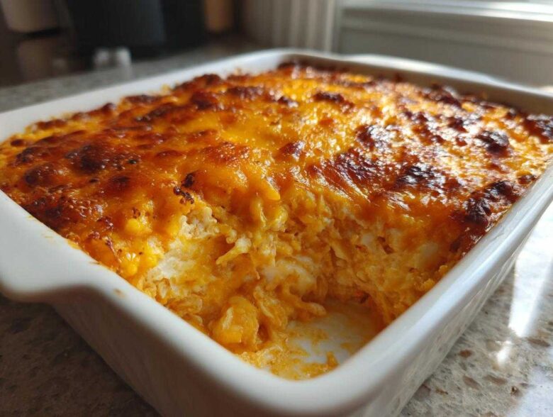 Close-up of a white baking dish filled with hot Baked Buffalo Chicken Dip, showing a bubbly, golden-brown cheese crust.
