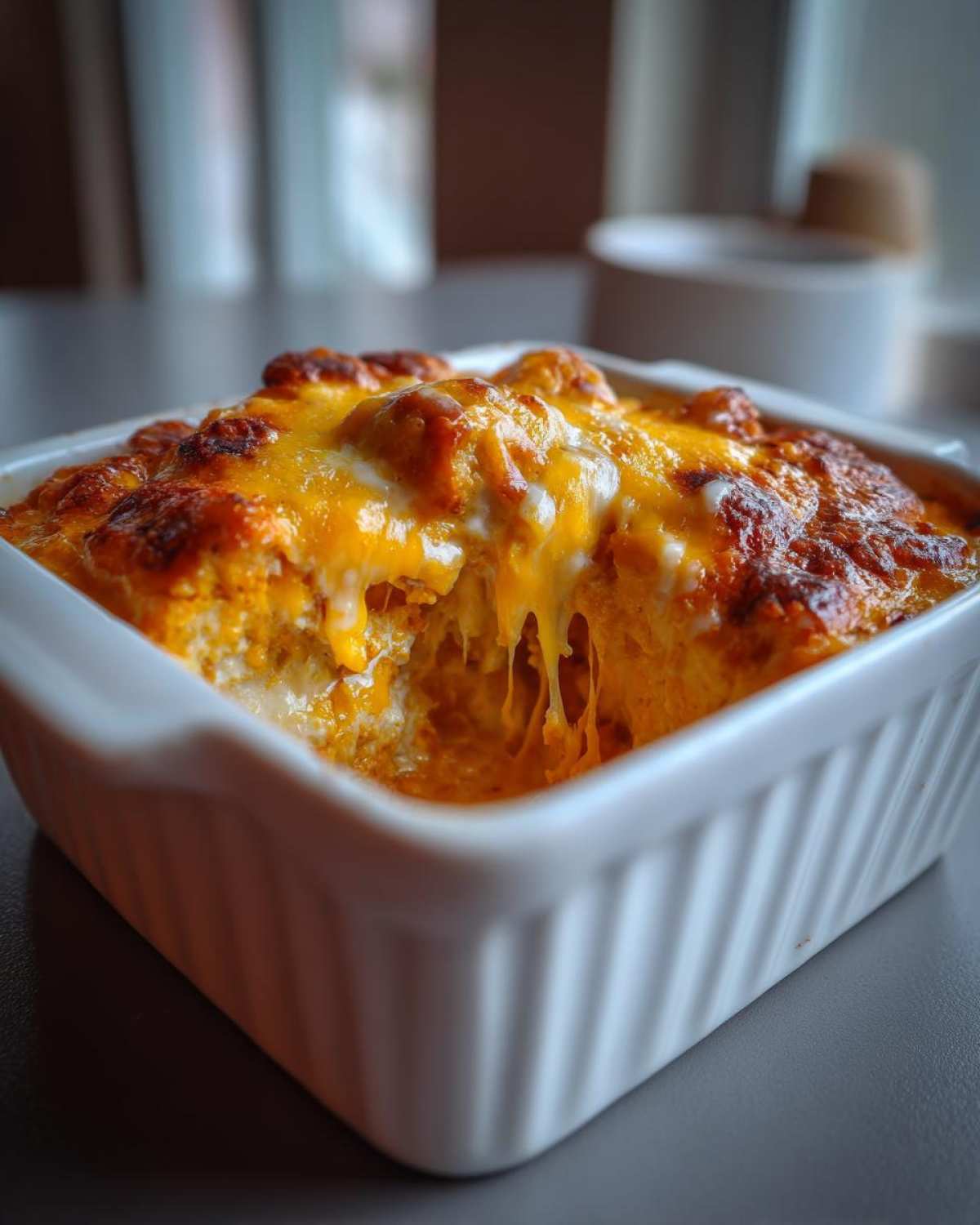Close-up of a serving of hot Baked Buffalo Chicken Dip with a bubbly, melted orange cheese topping.