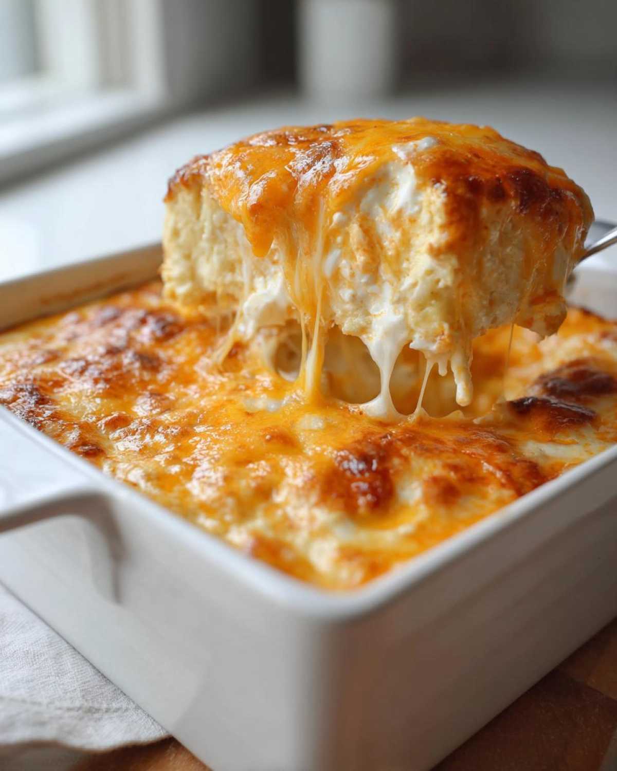 A spoonful of hot Baked Buffalo Chicken Dip showing extreme cheese pull from the white baking dish.