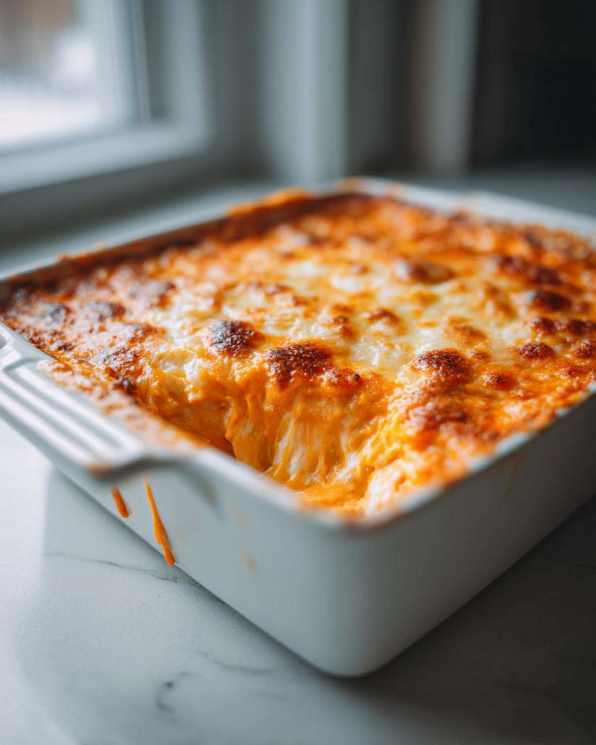 Close-up of hot, bubbling Baked Buffalo Chicken Dip with a golden, melted cheese topping in a white baking dish.