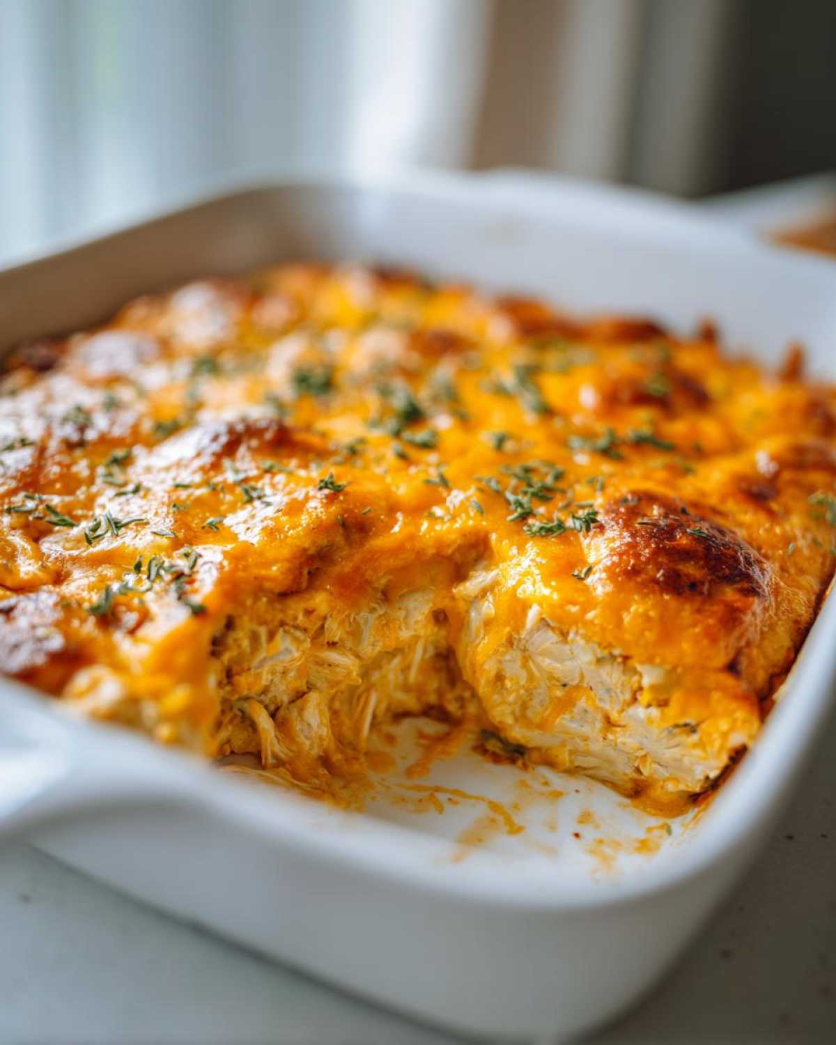 Close-up of a serving scooped out of a white dish of Baked Buffalo Chicken Dip, showing shredded chicken and melted orange cheese.