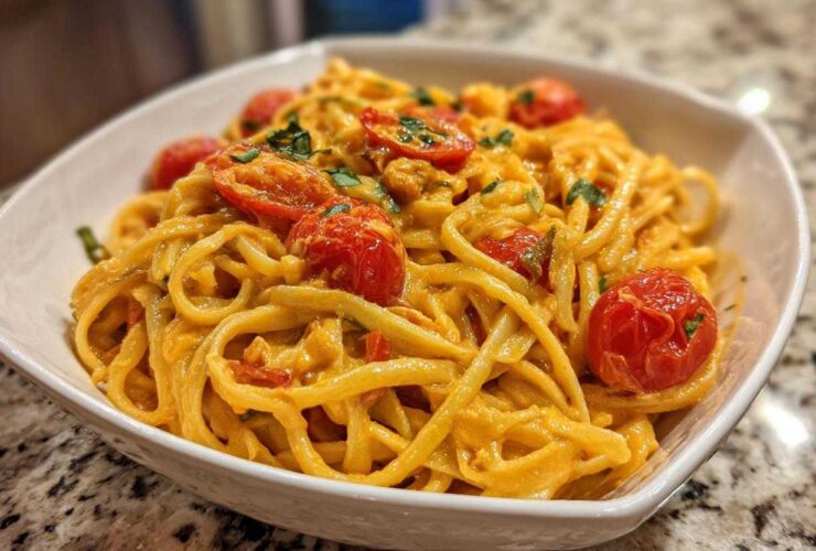 A close-up of creamy Baked Feta Pasta with Cherry Tomatoes tossed in a white bowl.