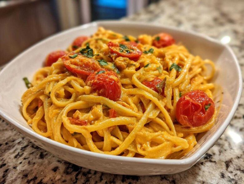 A close-up of creamy Baked Feta Pasta with Cherry Tomatoes tossed in a white bowl.
