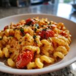 Close-up of creamy Baked Feta Pasta with Cherry Tomatoes and fresh herbs in a white bowl.