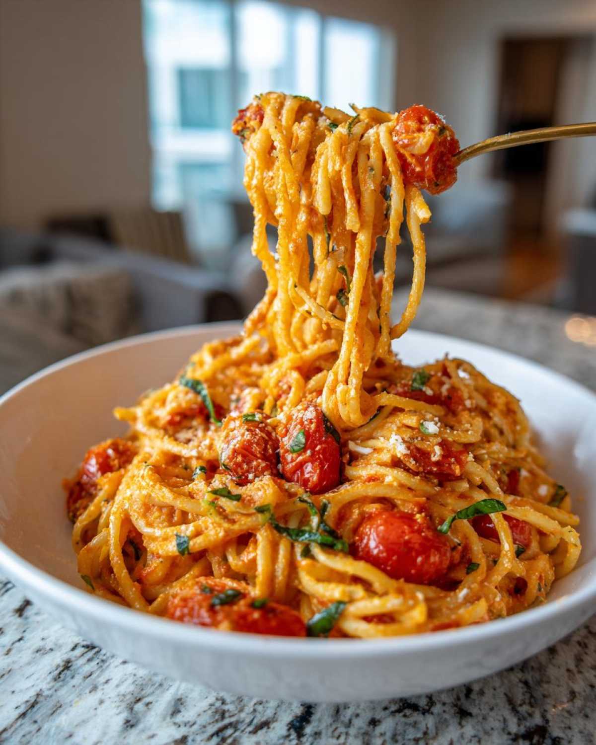 A fork lifts a generous portion of creamy Baked Feta Pasta with Cherry Tomatoes from a white bowl.