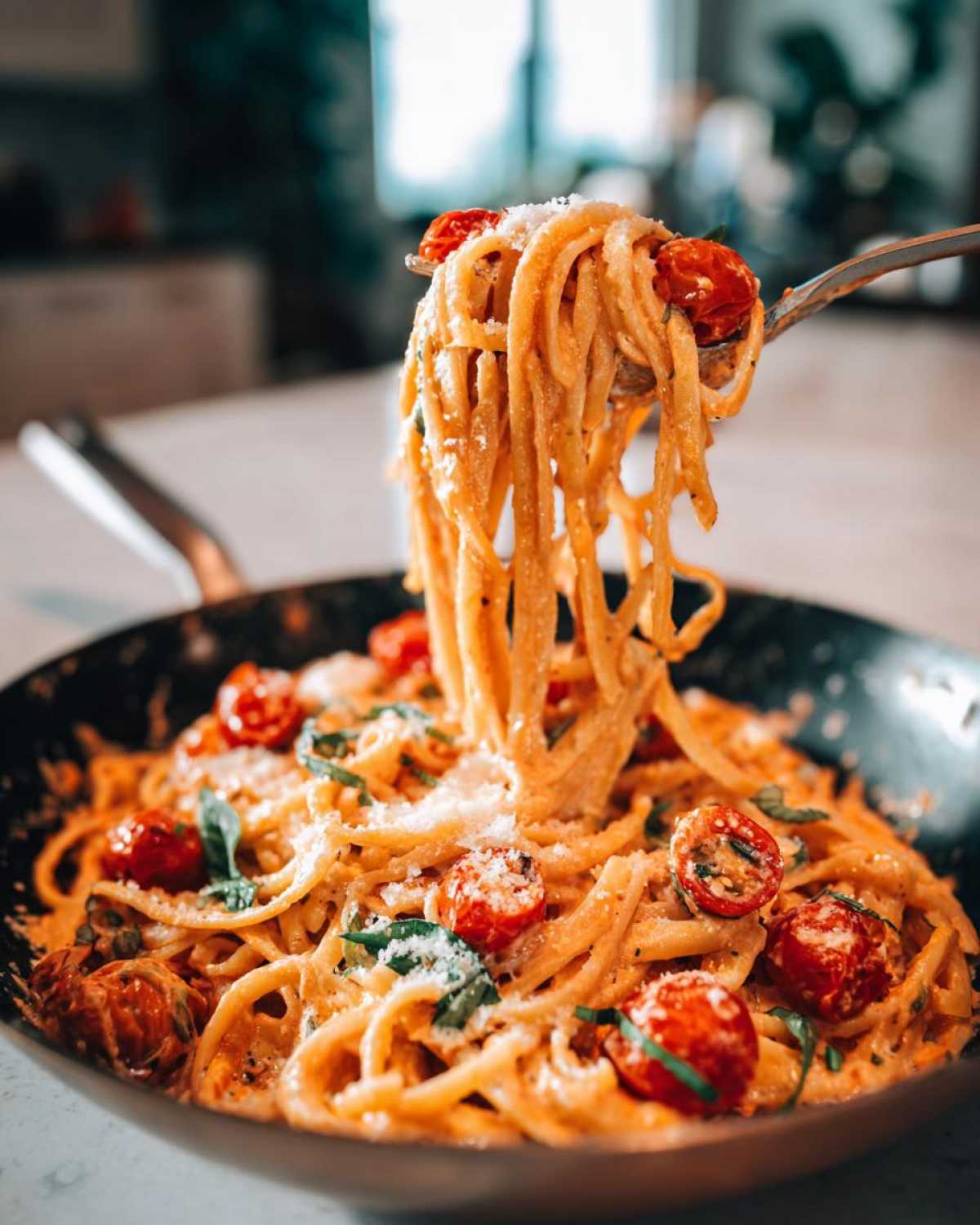 A fork lifting creamy linguine coated in sauce, cherry tomatoes, and Parmesan from a skillet of Baked Feta Pasta with Cherry Tomatoes.