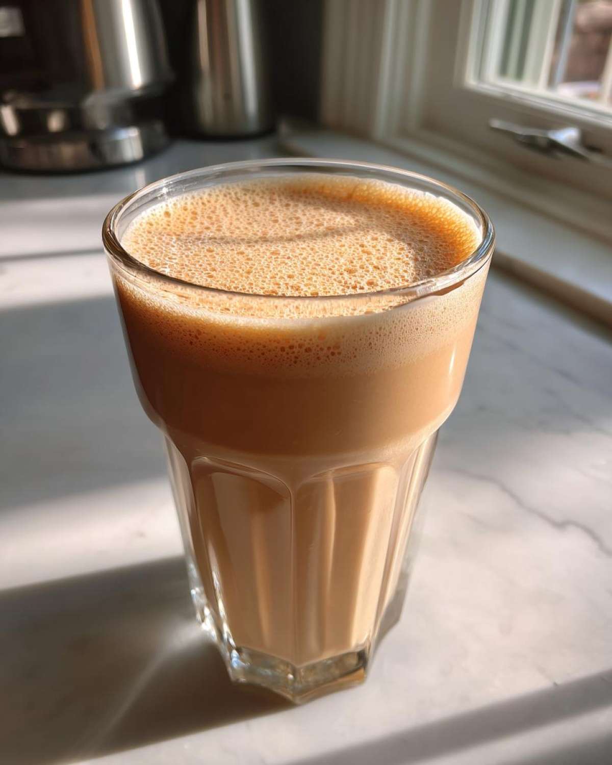 A tall glass filled with a light brown, foamy Banana Peanut Butter Smoothie sitting on a sunlit countertop.