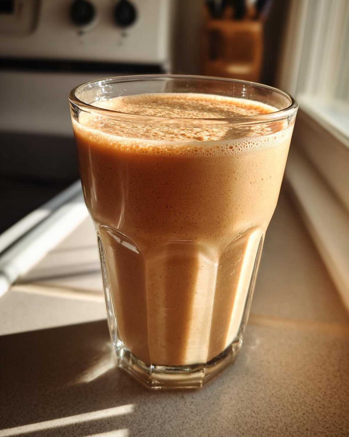 A creamy, light brown Banana Peanut Butter Smoothie served in a clear, textured glass, catching morning sunlight.