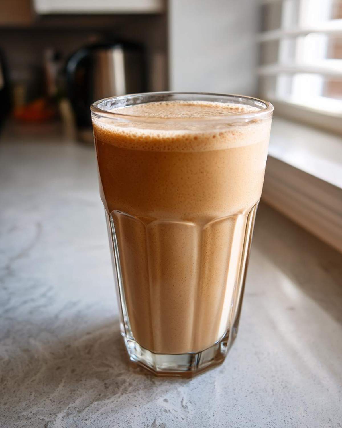 A tall glass filled with a creamy, light brown Banana Peanut Butter Smoothie, resting on a light countertop.