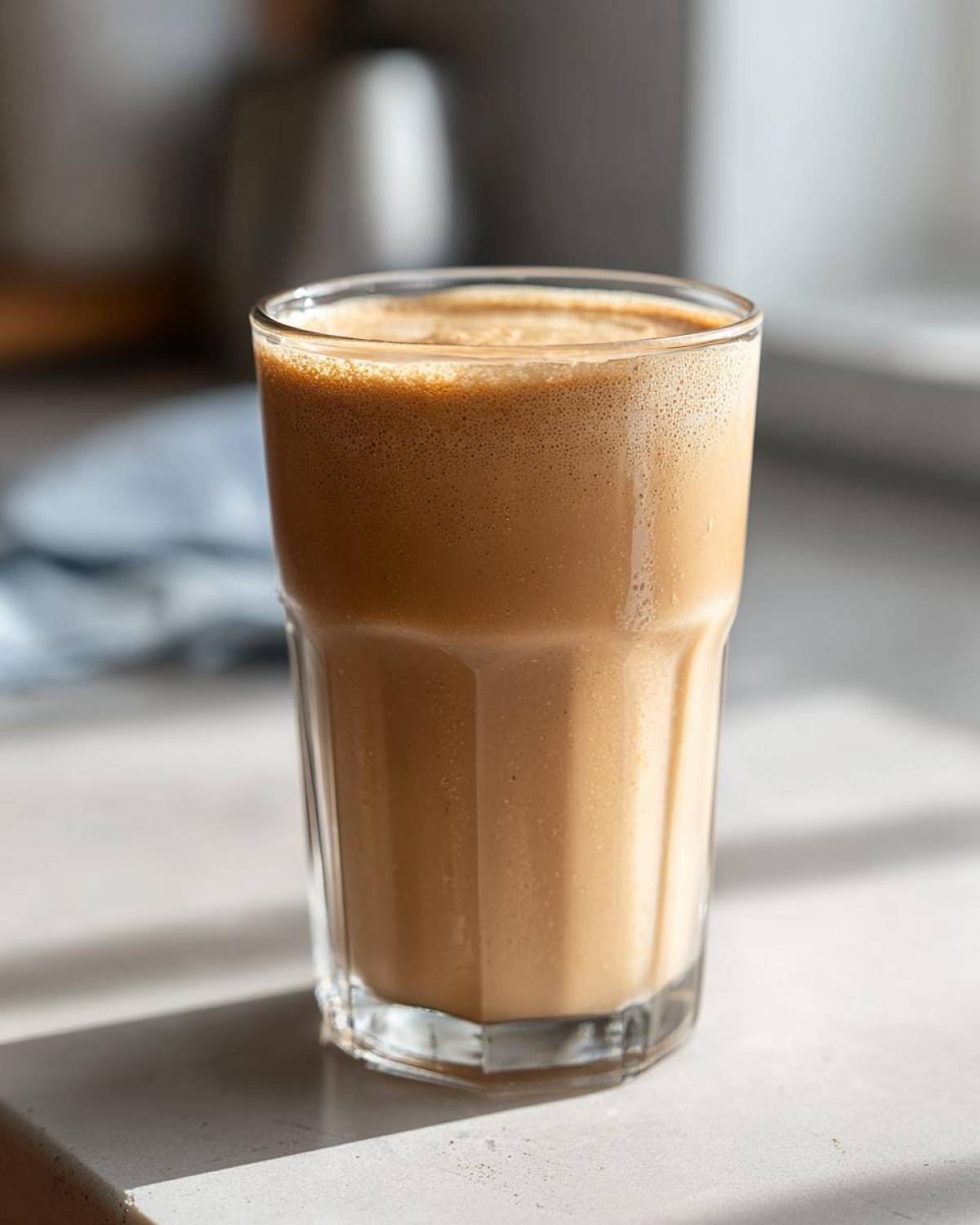 A tall glass filled with a creamy, light brown Banana Peanut Butter Smoothie, sitting on a bright countertop.