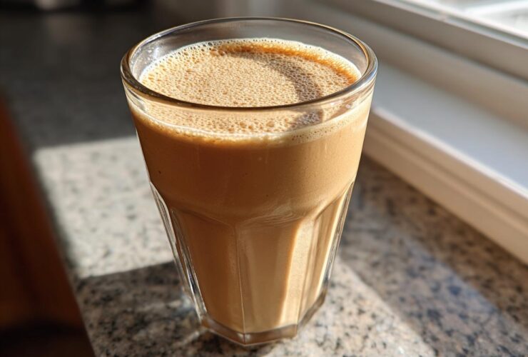 A tall glass filled with a creamy, light brown Banana Peanut Butter Smoothie sitting on a granite countertop near a window.