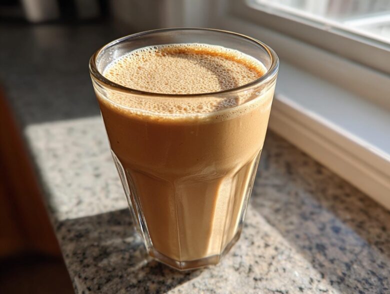 A tall glass filled with a creamy, light brown Banana Peanut Butter Smoothie sitting on a granite countertop near a window.