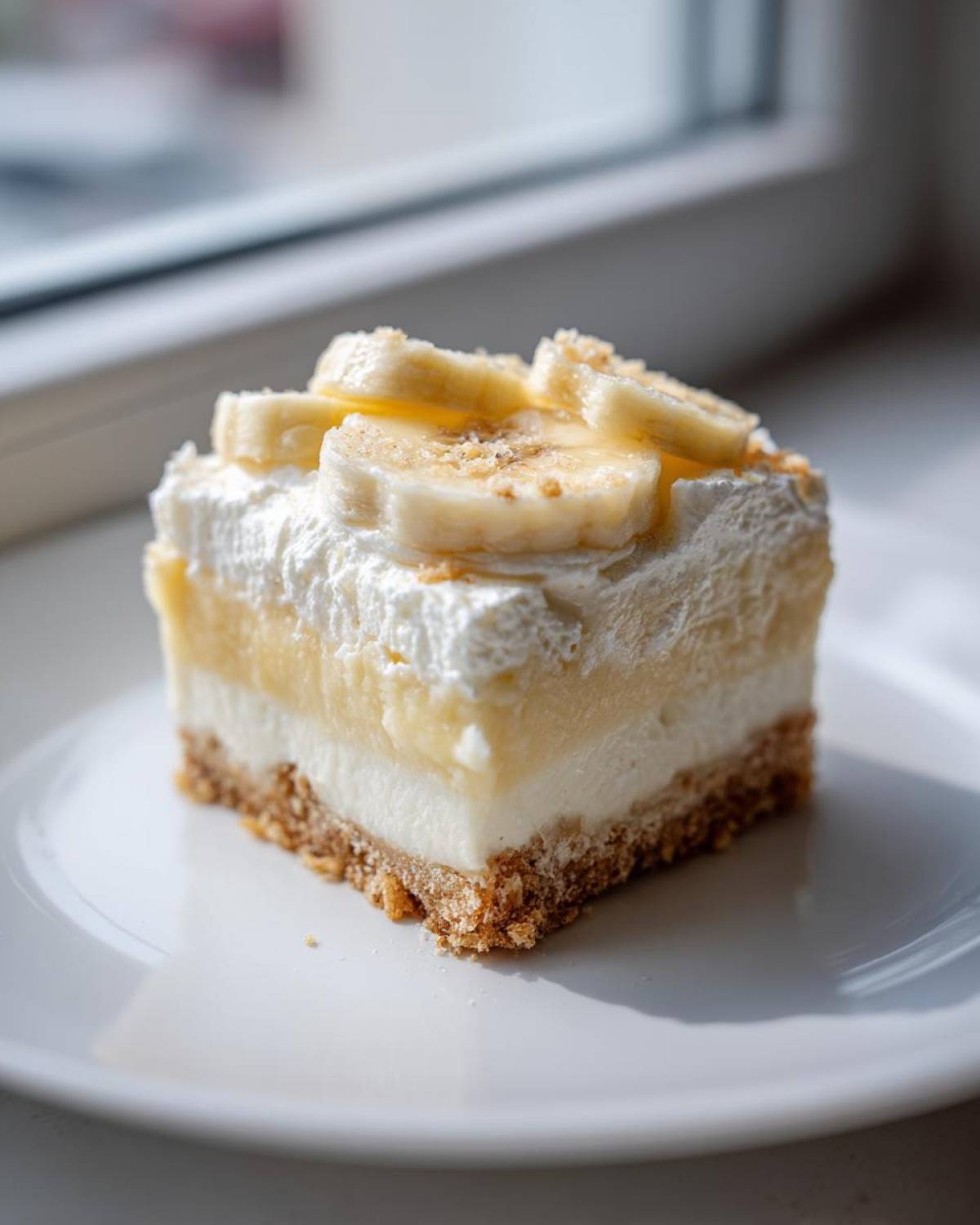 A single square serving of Banana Pudding Cheesecake Bars with layers of crust, cream cheese, pudding, and topped with whipped cream and banana slices.