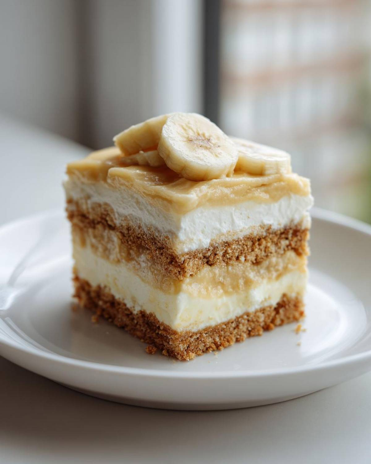 A perfect square slice of Banana Pudding Cheesecake Bars showing graham cracker crust, creamy layers, and fresh banana slices on top.
