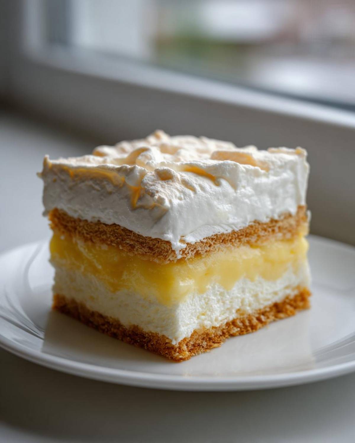 A layered slice of Banana Pudding Cheesecake Bars featuring a graham cracker crust, cream cheese layer, banana pudding, and meringue topping.
