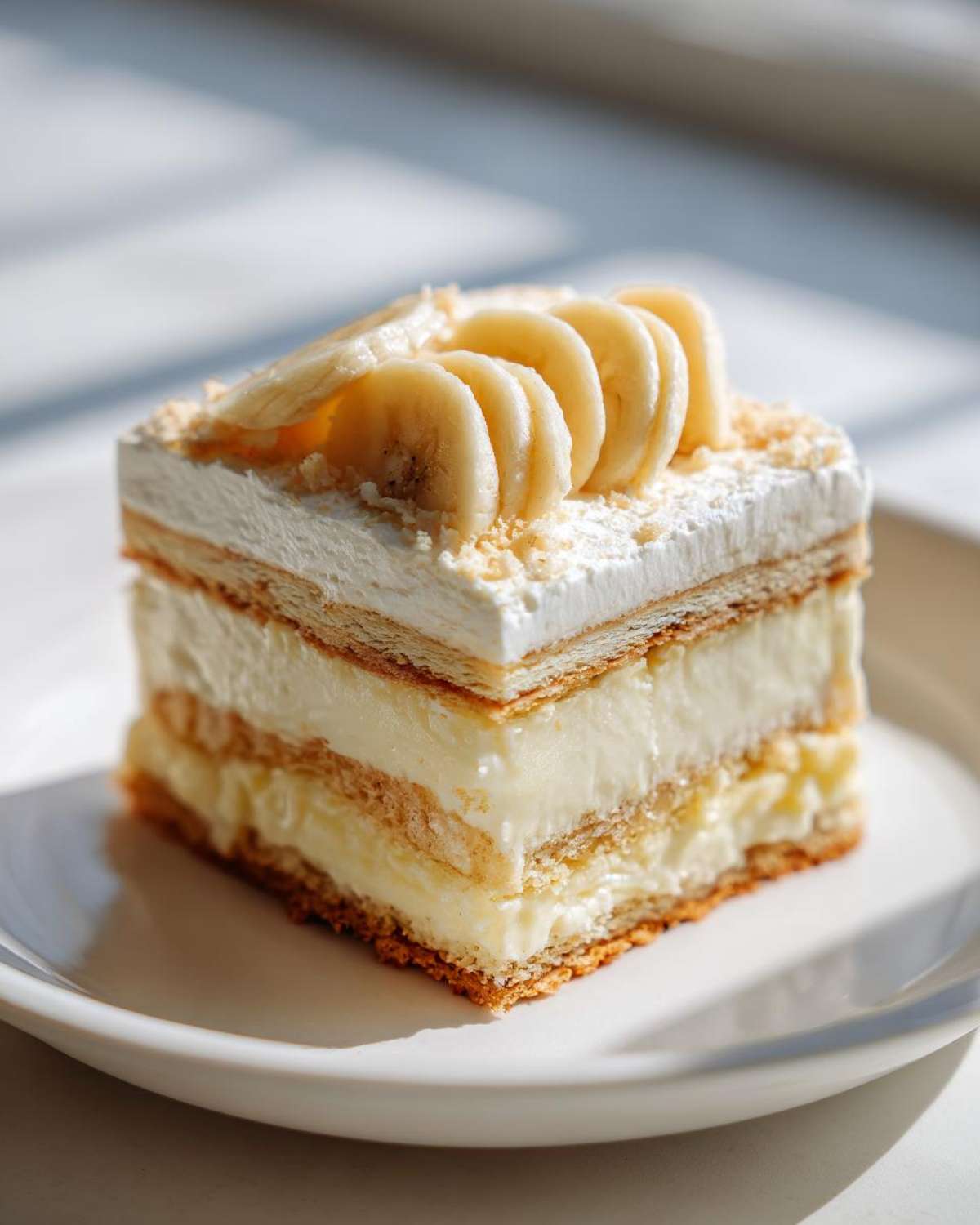 A decadent square slice of Banana Pudding Cheesecake Bars layered with cream and topped with sliced bananas.