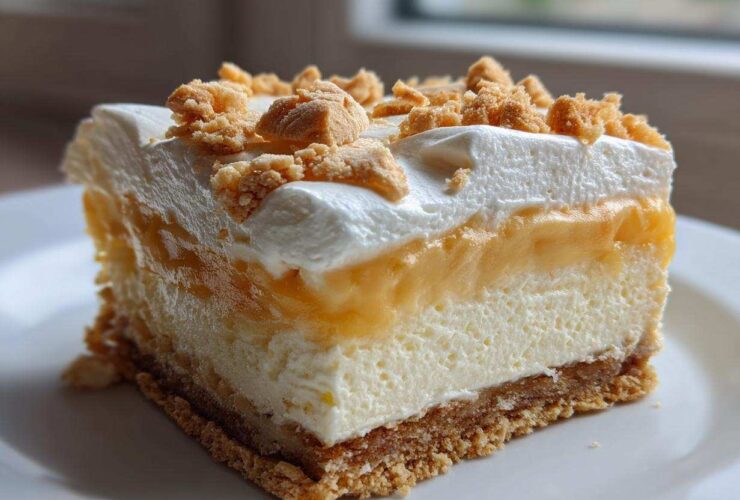 A layered square slice of Banana Pudding Cheesecake Bars featuring a crust, cheesecake, banana layer, whipped cream, and crumbled topping.