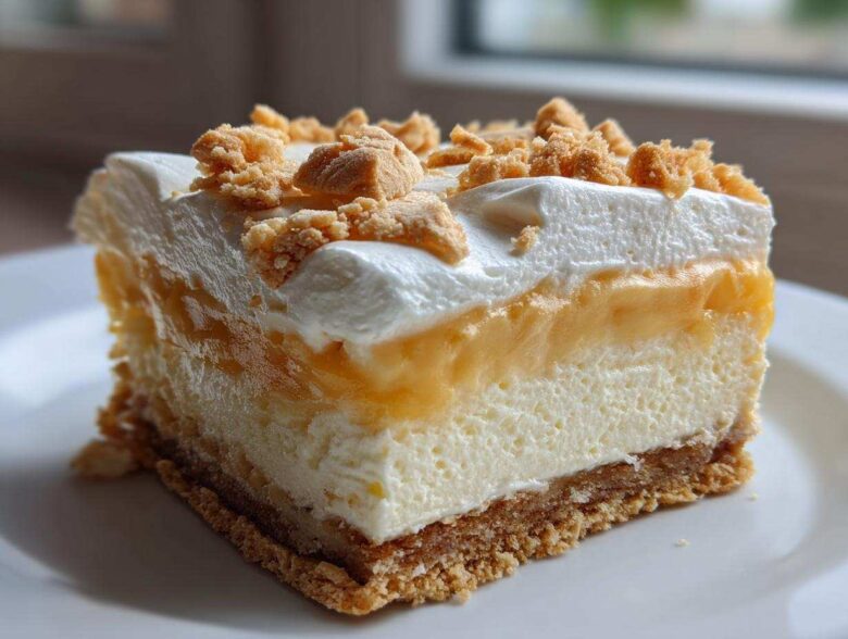 A layered square slice of Banana Pudding Cheesecake Bars featuring a crust, cheesecake, banana layer, whipped cream, and crumbled topping.