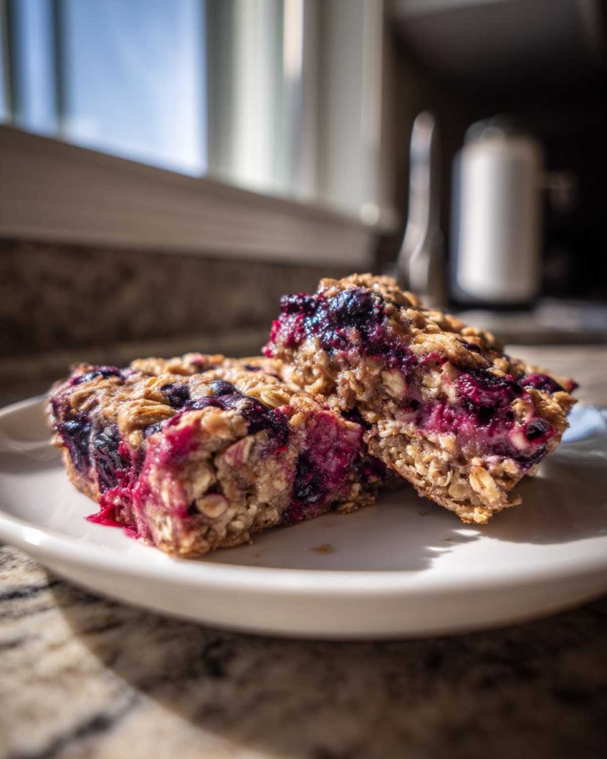 Close-up of two rich Blueberry Baked Oatmeal Squares stacked slightly on a white plate, showing oats and vibrant berry filling.